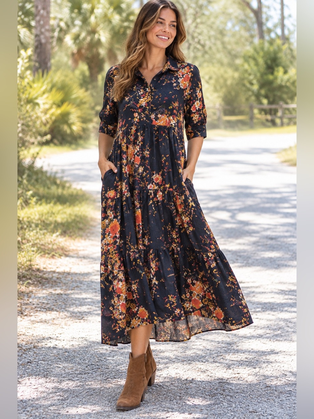 Natural Life Rebecca Midi Dress Black Red Bouquets Floral Tiered Boho S Cottage